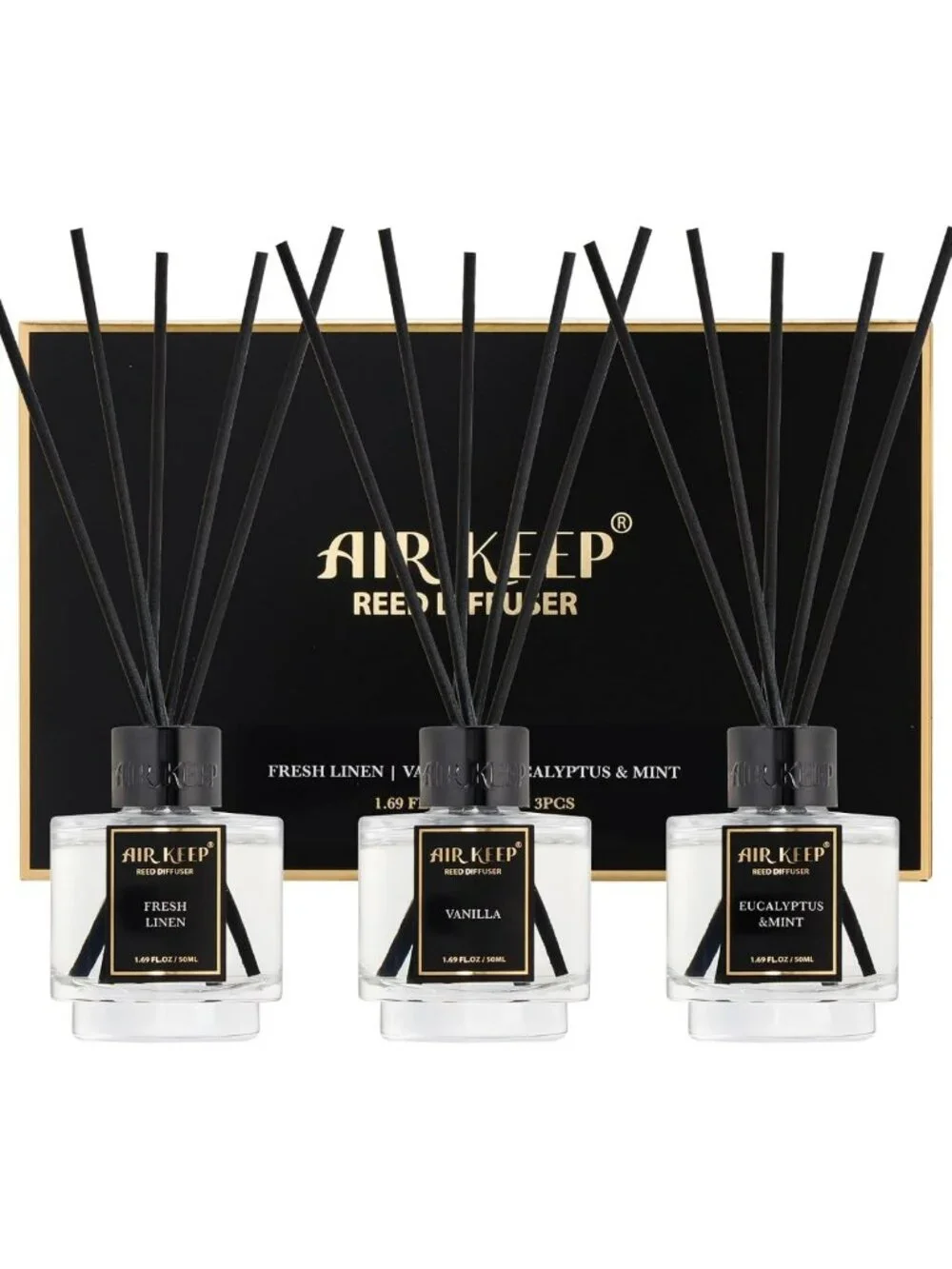 Set of 3 Reed Diffusers for Bathroom | Fresh Linen, Vanilla, Eucalyptus & Mint
